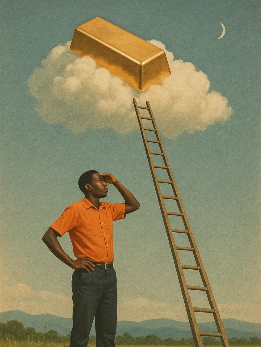 A young man in a meadow shading his eyes, looking up at a gold bar floating in a cloud above a wooden ladder