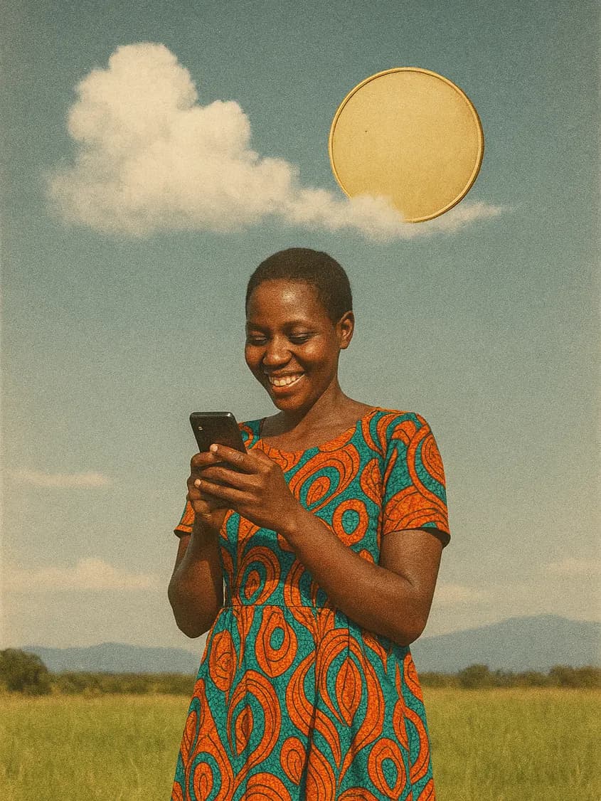 A young woman in a meadow smiling at her phone, a small gold disc hovering above it