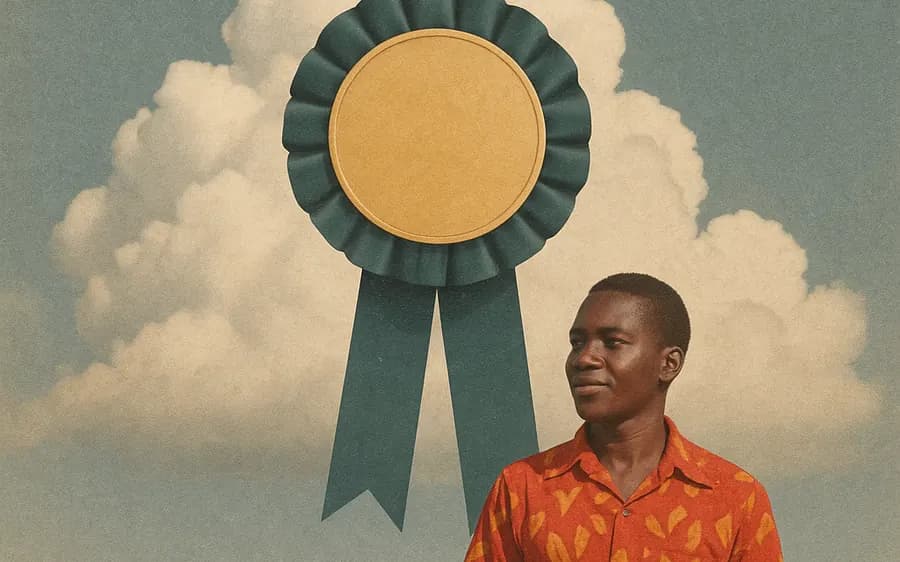 A large award rosette floating in a cloud beside a smiling young man